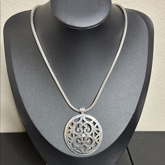 Brighton Oval Crystal Jeweled Silver Scrolled Round Pendant Necklace - Picture 1 of 11